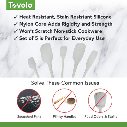 Flex Core 5 Piece Silicone Spatula Set Heat Resistant All Silicone Utensils Include Non Stick Spatula Spoonula Jar Scraper, Dishwasher Safe BPA Free Spatulas for Baking Mixing, White