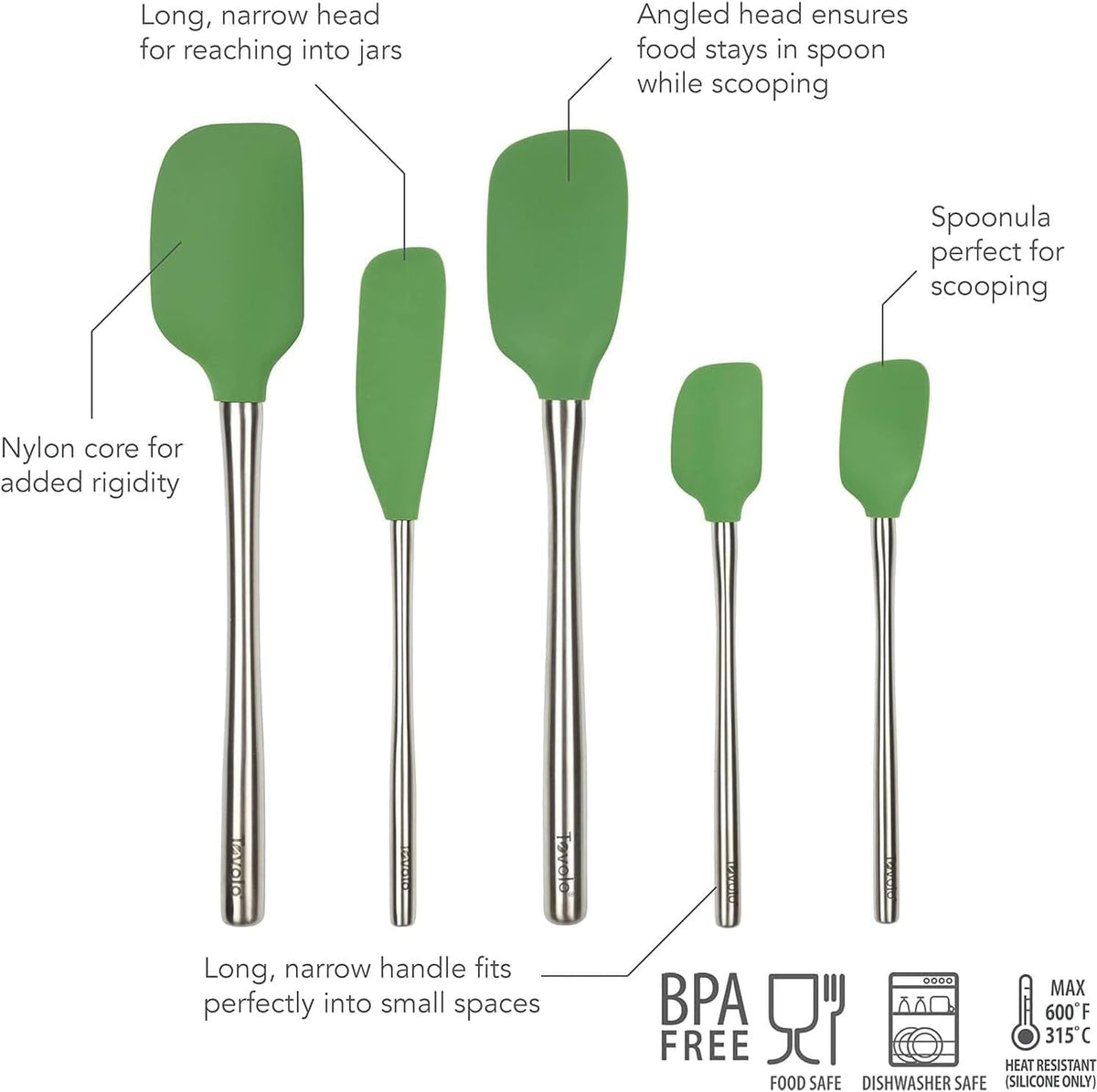 Flex Core 5 Piece Silicone Spatula Set Heat Resistant All Silicone Utensils Include Non Stick Spatula Spoonula Jar Scraper, Dishwasher Safe BPA Free Spatulas for Baking Mixing, White