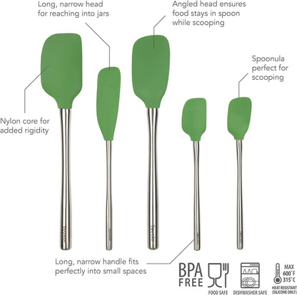 Flex Core 5 Piece Silicone Spatula Set Heat Resistant All Silicone Utensils Include Non Stick Spatula Spoonula Jar Scraper, Dishwasher Safe BPA Free Spatulas for Baking Mixing, White
