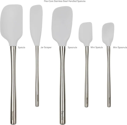 Flex Core 5 Piece Silicone Spatula Set Heat Resistant All Silicone Utensils Include Non Stick Spatula Spoonula Jar Scraper, Dishwasher Safe BPA Free Spatulas for Baking Mixing, White