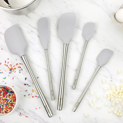 Flex Core 5 Piece Silicone Spatula Set Heat Resistant All Silicone Utensils Include Non Stick Spatula Spoonula Jar Scraper, Dishwasher Safe BPA Free Spatulas for Baking Mixing, White