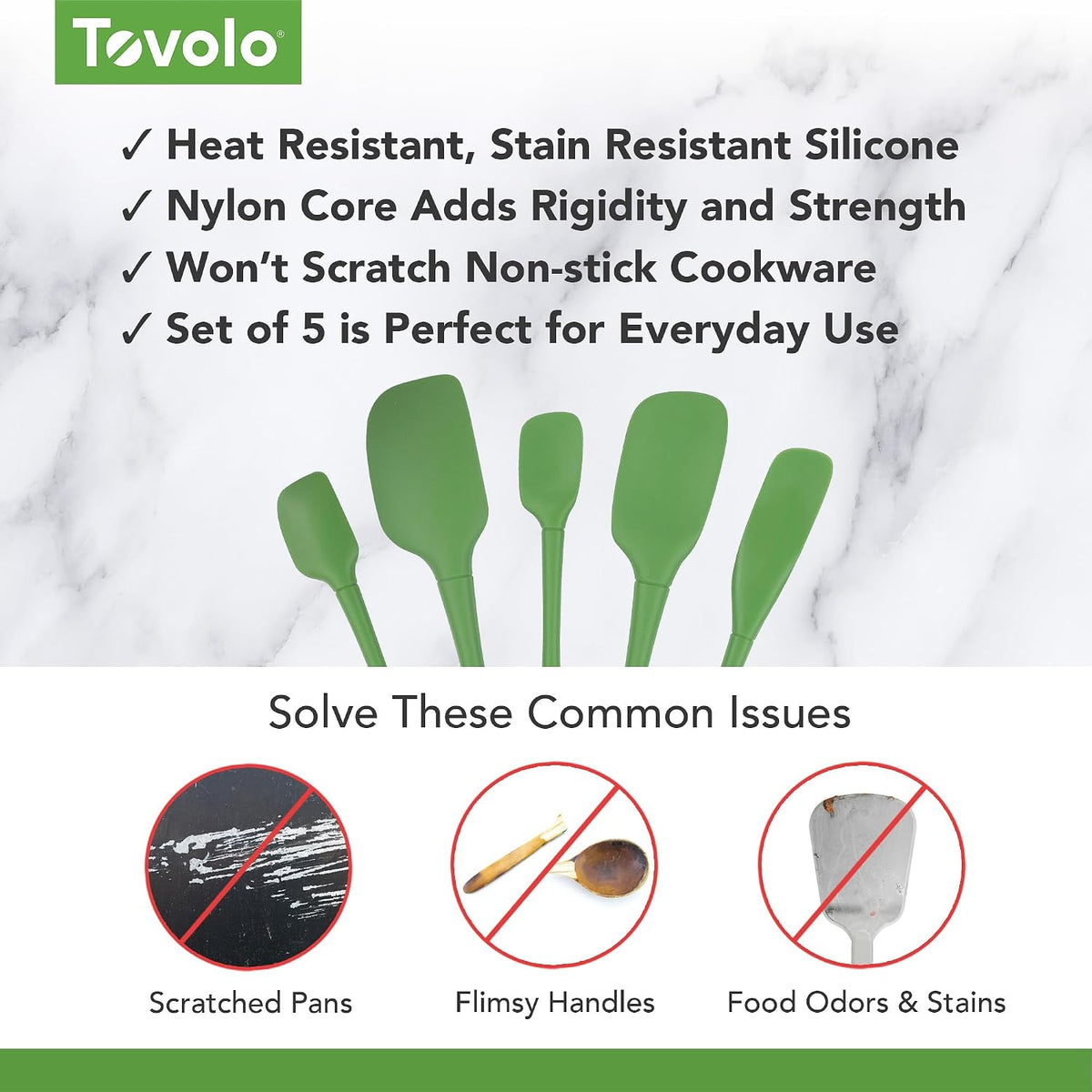 Flex Core 5 Piece Silicone Spatula Set Heat Resistant All Silicone Utensils Include Non Stick Spatula Spoonula Jar Scraper, Dishwasher Safe BPA Free Spatulas for Baking Mixing, White