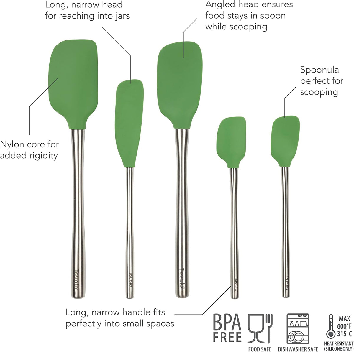 Flex Core 5 Piece Silicone Spatula Set Heat Resistant All Silicone Utensils Include Non Stick Spatula Spoonula Jar Scraper, Dishwasher Safe BPA Free Spatulas for Baking Mixing, White