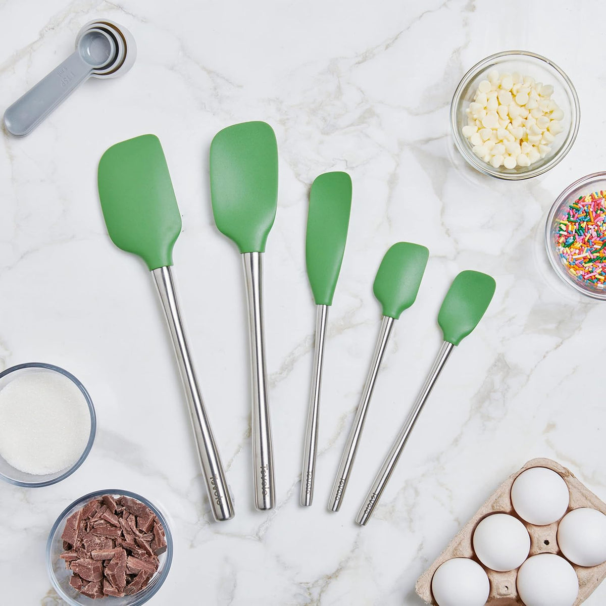 Flex Core 5 Piece Silicone Spatula Set Heat Resistant All Silicone Utensils Include Non Stick Spatula Spoonula Jar Scraper, Dishwasher Safe BPA Free Spatulas for Baking Mixing, White