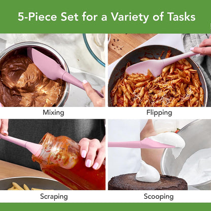 Flex Core 5 Piece Silicone Spatula Set Heat Resistant All Silicone Utensils Include Non Stick Spatula Spoonula Jar Scraper, Dishwasher Safe BPA Free Spatulas for Baking Mixing, White