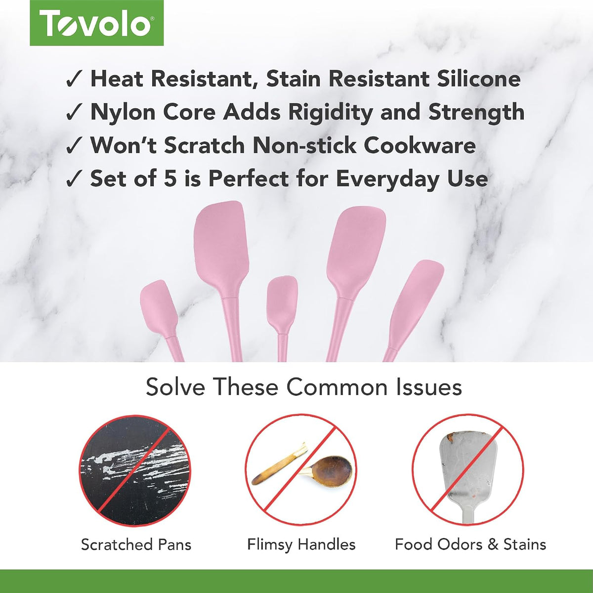 Flex Core 5 Piece Silicone Spatula Set Heat Resistant All Silicone Utensils Include Non Stick Spatula Spoonula Jar Scraper, Dishwasher Safe BPA Free Spatulas for Baking Mixing, White