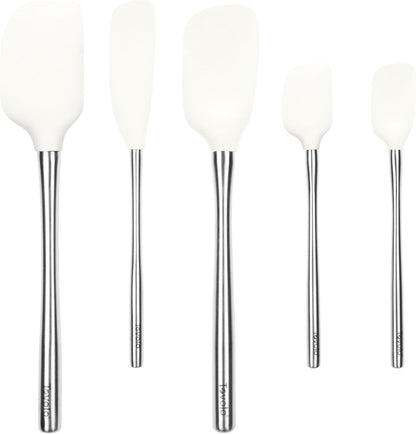 Flex Core 5 Piece Silicone Spatula Set Heat Resistant All Silicone Utensils Include Non Stick Spatula Spoonula Jar Scraper, Dishwasher Safe BPA Free Spatulas for Baking Mixing, White