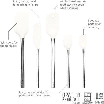 Flex Core 5 Piece Silicone Spatula Set Heat Resistant All Silicone Utensils Include Non Stick Spatula Spoonula Jar Scraper, Dishwasher Safe BPA Free Spatulas for Baking Mixing, White