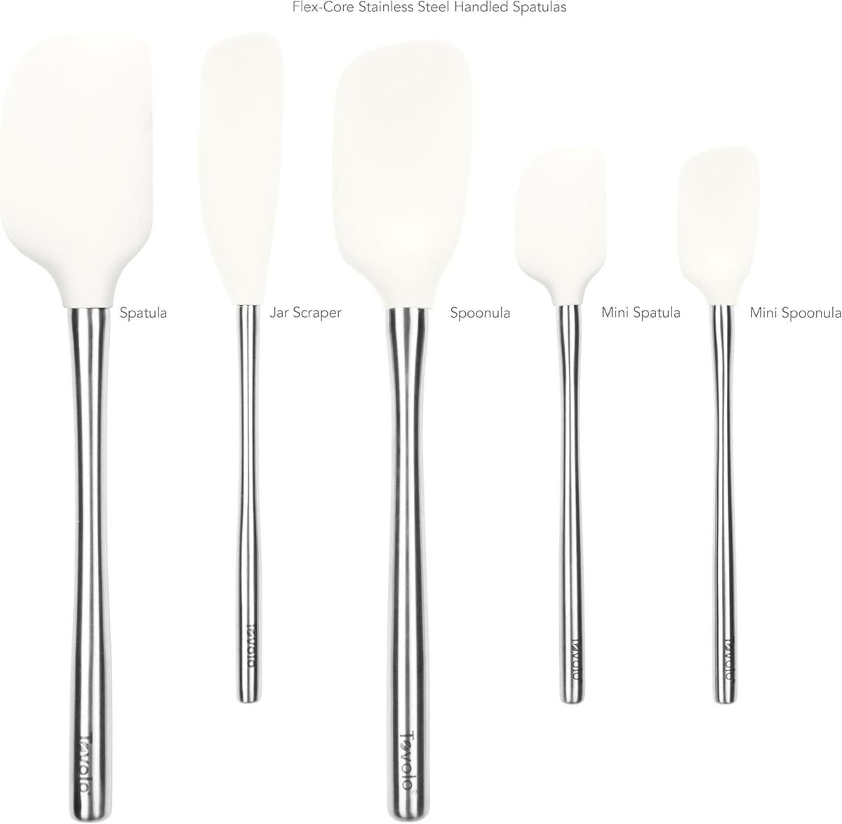 Flex Core 5 Piece Silicone Spatula Set Heat Resistant All Silicone Utensils Include Non Stick Spatula Spoonula Jar Scraper, Dishwasher Safe BPA Free Spatulas for Baking Mixing, White