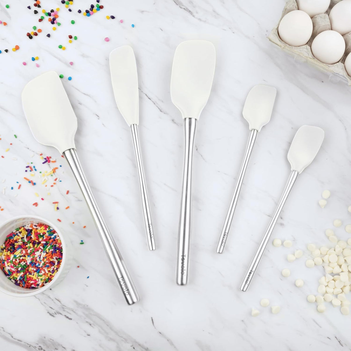 Flex Core 5 Piece Silicone Spatula Set Heat Resistant All Silicone Utensils Include Non Stick Spatula Spoonula Jar Scraper, Dishwasher Safe BPA Free Spatulas for Baking Mixing, White