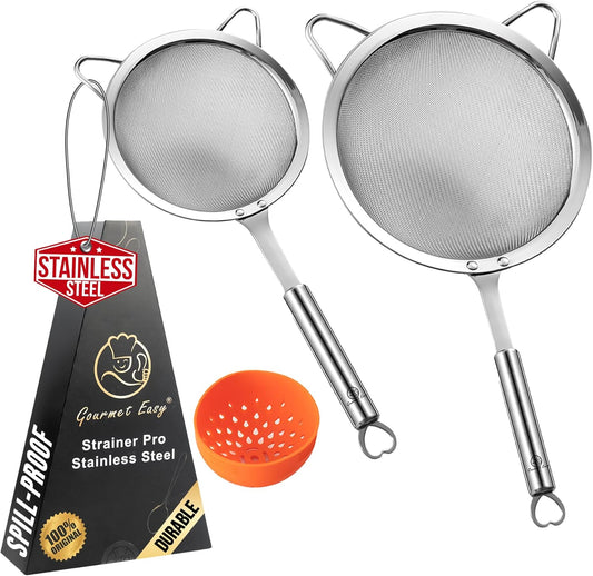 Stainless Steel Fine Mesh Strainer Combo, Spill-proof Design | Include Large Stainless Steel Flour Sifter, Fine Mesh Sieve and Silicone Can Strainer, Dishwasher Safe, 5-Year Warranty