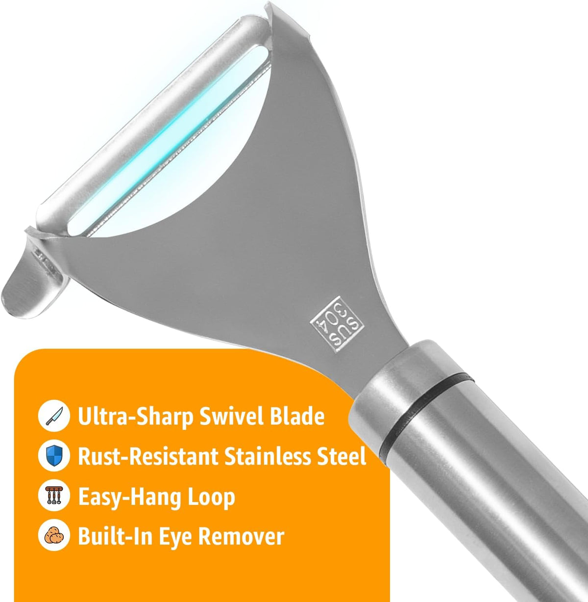 Vegetable Peeler for Kitchen, Y Peeler with SUS 304 Stainless Steel Blade & Handle, Ultra Sharp Potato Peeler with Built-in Eye Remover, Multifunctional Fruit & Veggie Peeler, Easy-Hang Loop