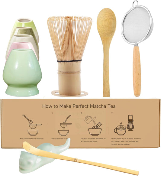 Matcha Whisk Set, 6-Piece Matcha Making Kit, Macha Tea Set, (Chasen Holder), Ceramic Whisk Holder, Matcha Starter Sifter, Bamboo Scoop, Spoon Japanese Tea Tools For Ceremony Gift (Green)