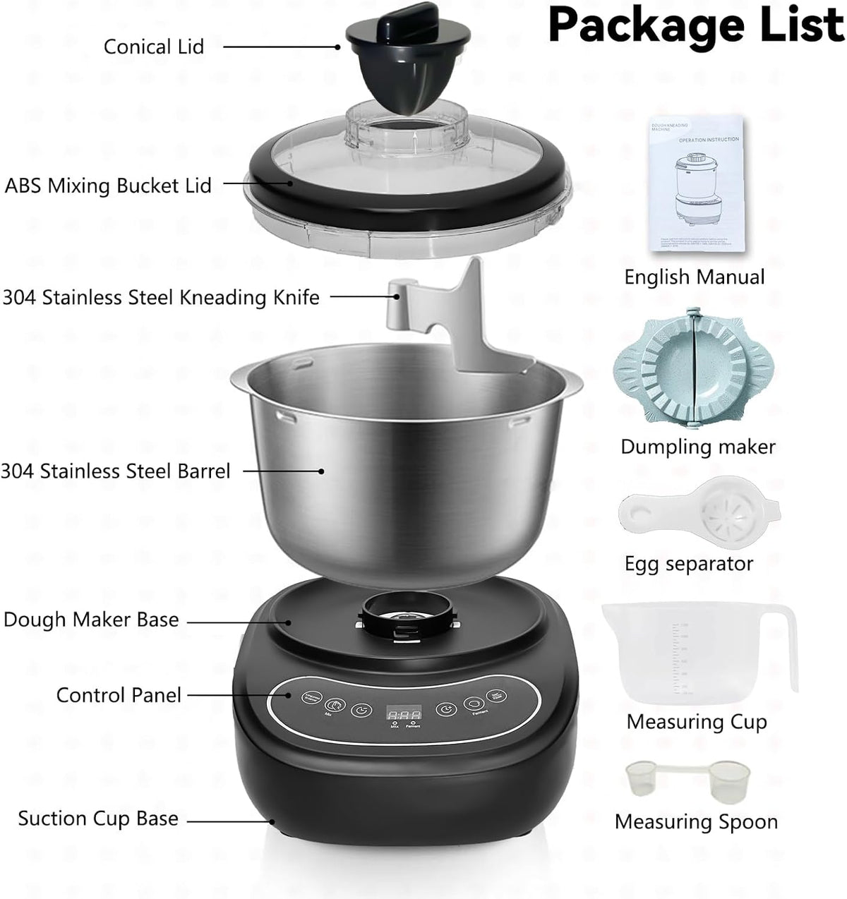 Dough Mixer 7.4QT Large Capacity Electric Dough Maker with Ferment Function for Baking Bread Dough&Pizza Dough - Dough whisk 304 Stainless Steel Blender Add water/seasoning with Top Small Window