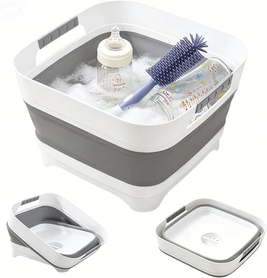 2.6 Gal/10L Collapsible Wash Basin with Drain Plug, Portable Foldable Dish Tub, Large Capacity Space-Saving Sink for Baby Bottles, RV, Camping, Kitchen, Travel & Outdoor Use
