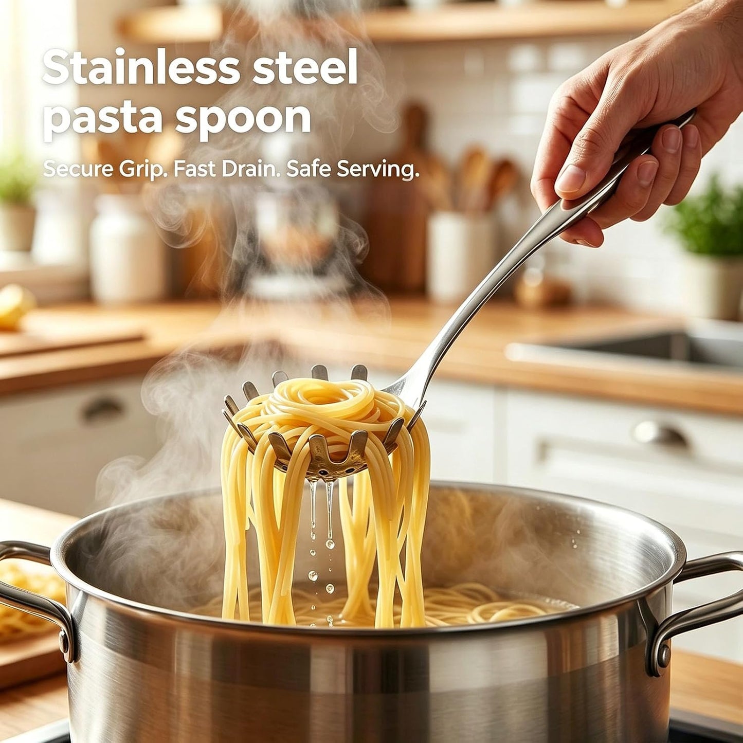 Stainless Steel Pasta Server, 13 Inch Spaghetti Fork with Teeth & Drainage Holes - Heat Insulated Handle for Serving Pasta, Stirring Sauces, Tossing Salads & Draining Vegetables
