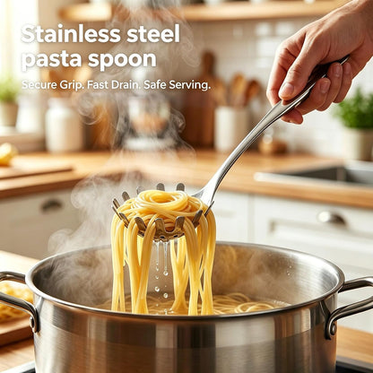 Stainless Steel Pasta Server, 13 Inch Spaghetti Fork with Teeth & Drainage Holes - Heat Insulated Handle for Serving Pasta, Stirring Sauces, Tossing Salads & Draining Vegetables