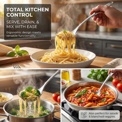 Stainless Steel Pasta Server, 13 Inch Spaghetti Fork with Teeth & Drainage Holes - Heat Insulated Handle for Serving Pasta, Stirring Sauces, Tossing Salads & Draining Vegetables