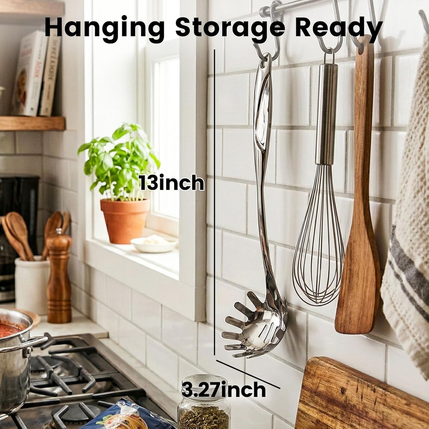 Stainless Steel Pasta Server, 13 Inch Spaghetti Fork with Teeth & Drainage Holes - Heat Insulated Handle for Serving Pasta, Stirring Sauces, Tossing Salads & Draining Vegetables