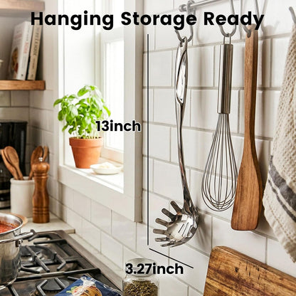 Stainless Steel Pasta Server, 13 Inch Spaghetti Fork with Teeth & Drainage Holes - Heat Insulated Handle for Serving Pasta, Stirring Sauces, Tossing Salads & Draining Vegetables