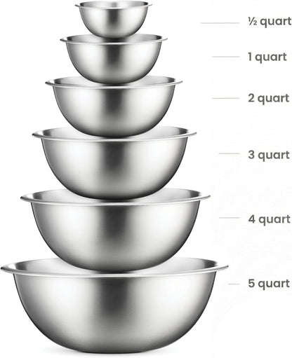 Stainless Steel Mixing Bowls Set, Dishwasher Safe, 6 Piece Metal Mixing Bowls For Kitchen, Nesting, Large, Small, Big Food Prep, Cooking, Baking