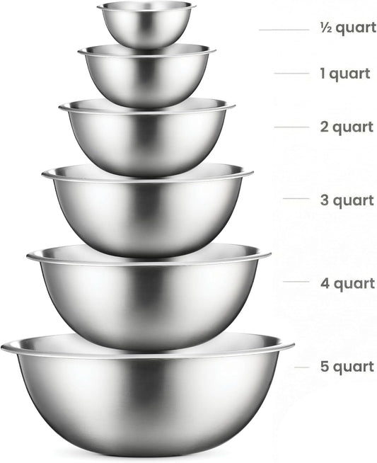Stainless Steel Mixing Bowls Set, Dishwasher Safe, 6 Piece Metal Mixing Bowls For Kitchen, Nesting, Large, Small, Big Food Prep, Cooking, Baking