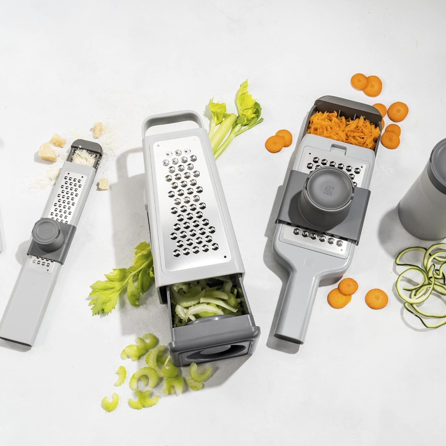 Z-Cut Tower Multifunctional Box Grater, Faster Grating Technology, Cheese Grater, Zester, Garlic grater, Slicer, Rasp Grater and more, Gray