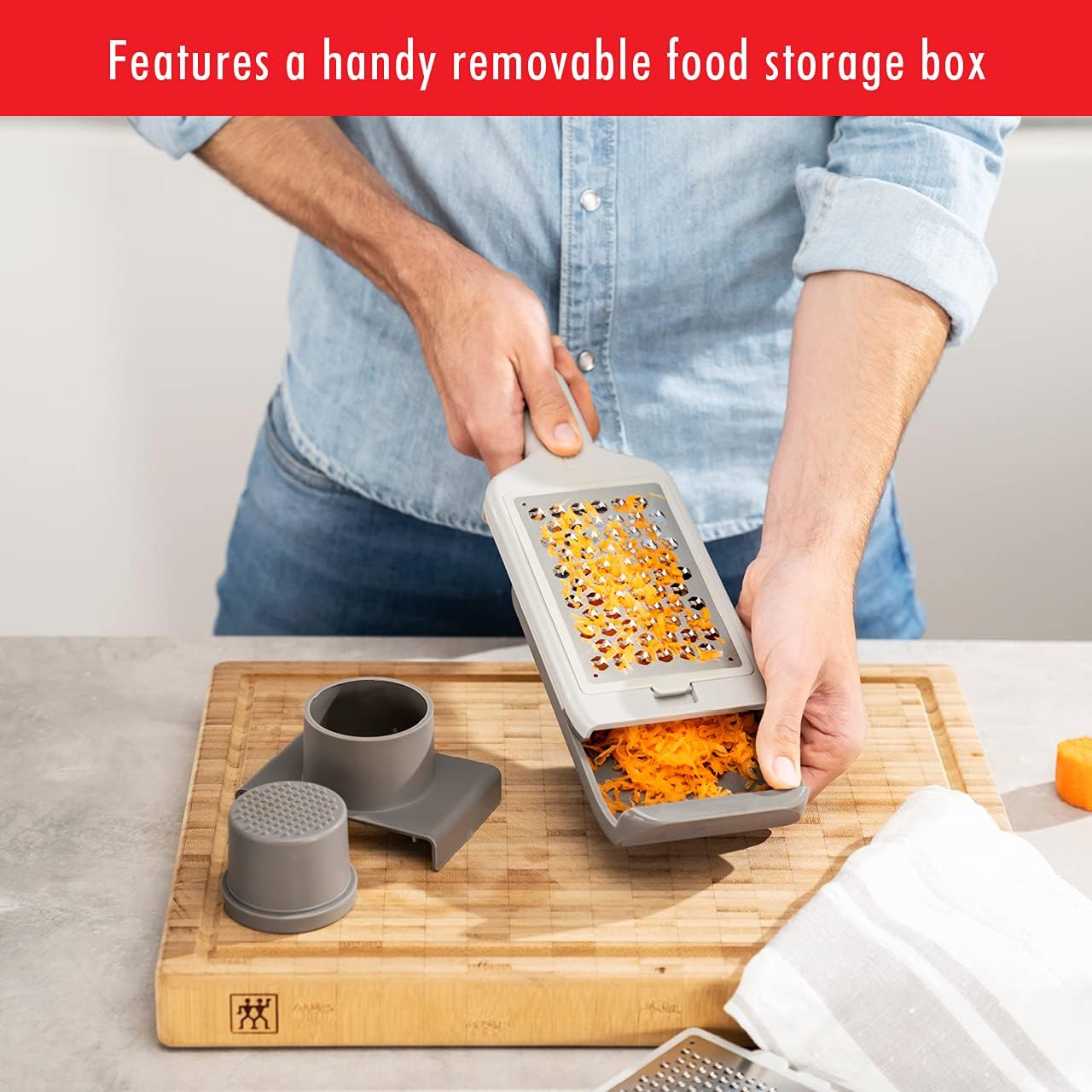 Z-Cut Tower Multifunctional Box Grater, Faster Grating Technology, Cheese Grater, Zester, Garlic grater, Slicer, Rasp Grater and more, Gray