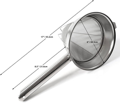 Bouillon Strainer - Stainless Steel Fine Mesh Metal Food Chinois, Cone Separator, Kitchen Colander Sieve for Sauce Jam Jelly Tea, 8" - With Spatula