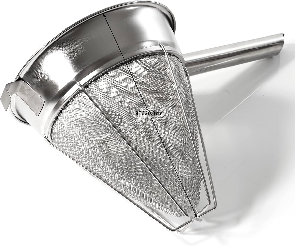 Bouillon Strainer - Stainless Steel Fine Mesh Metal Food Chinois, Cone Separator, Kitchen Colander Sieve for Sauce Jam Jelly Tea, 8" - With Spatula
