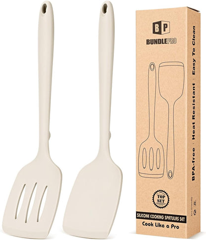 Silicone Spatula, Solid & Slotted Turner, One-Piece, 2 Pack,Khaki