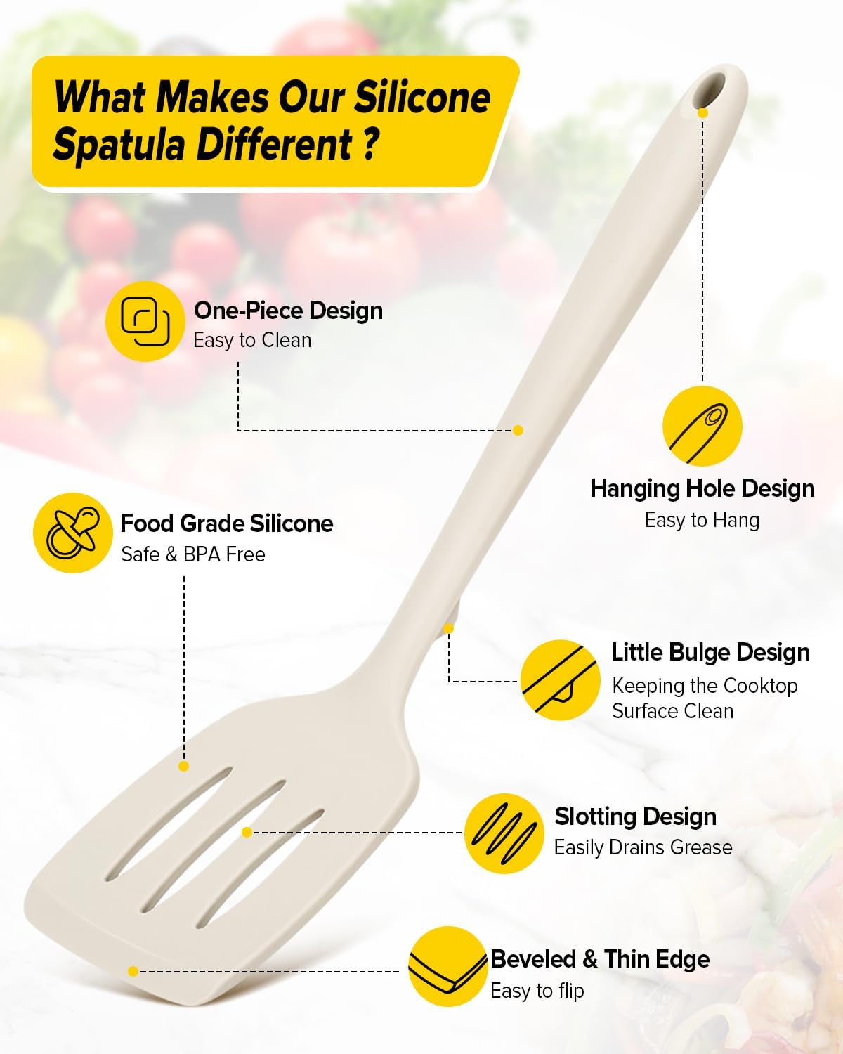 Silicone Spatula, Solid & Slotted Turner, One-Piece, 2 Pack,Khaki