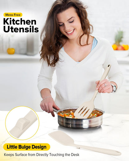 Silicone Spatula, Solid & Slotted Turner, One-Piece, 2 Pack,Khaki