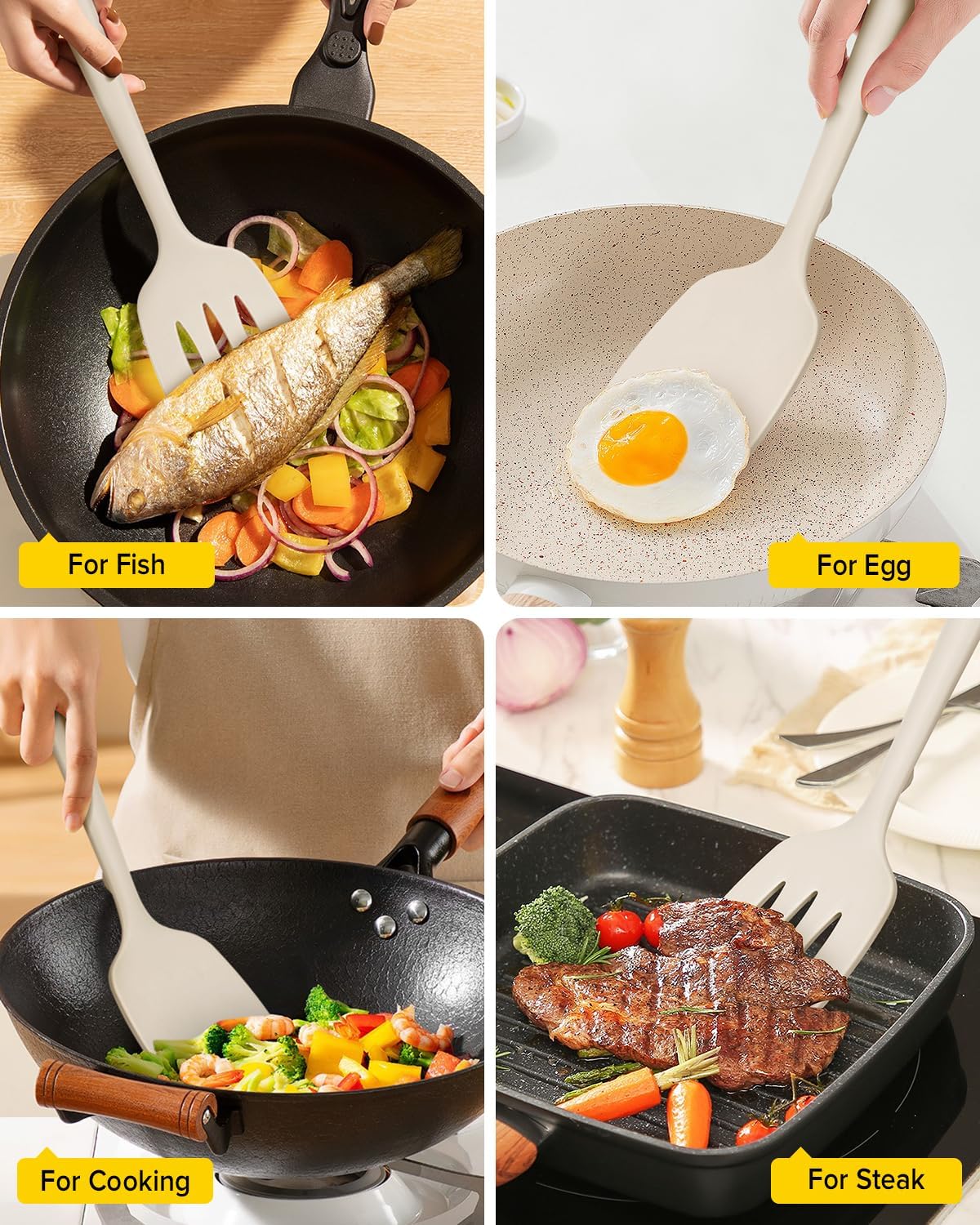 Silicone Spatula, Solid & Slotted Turner, One-Piece, 2 Pack,Khaki
