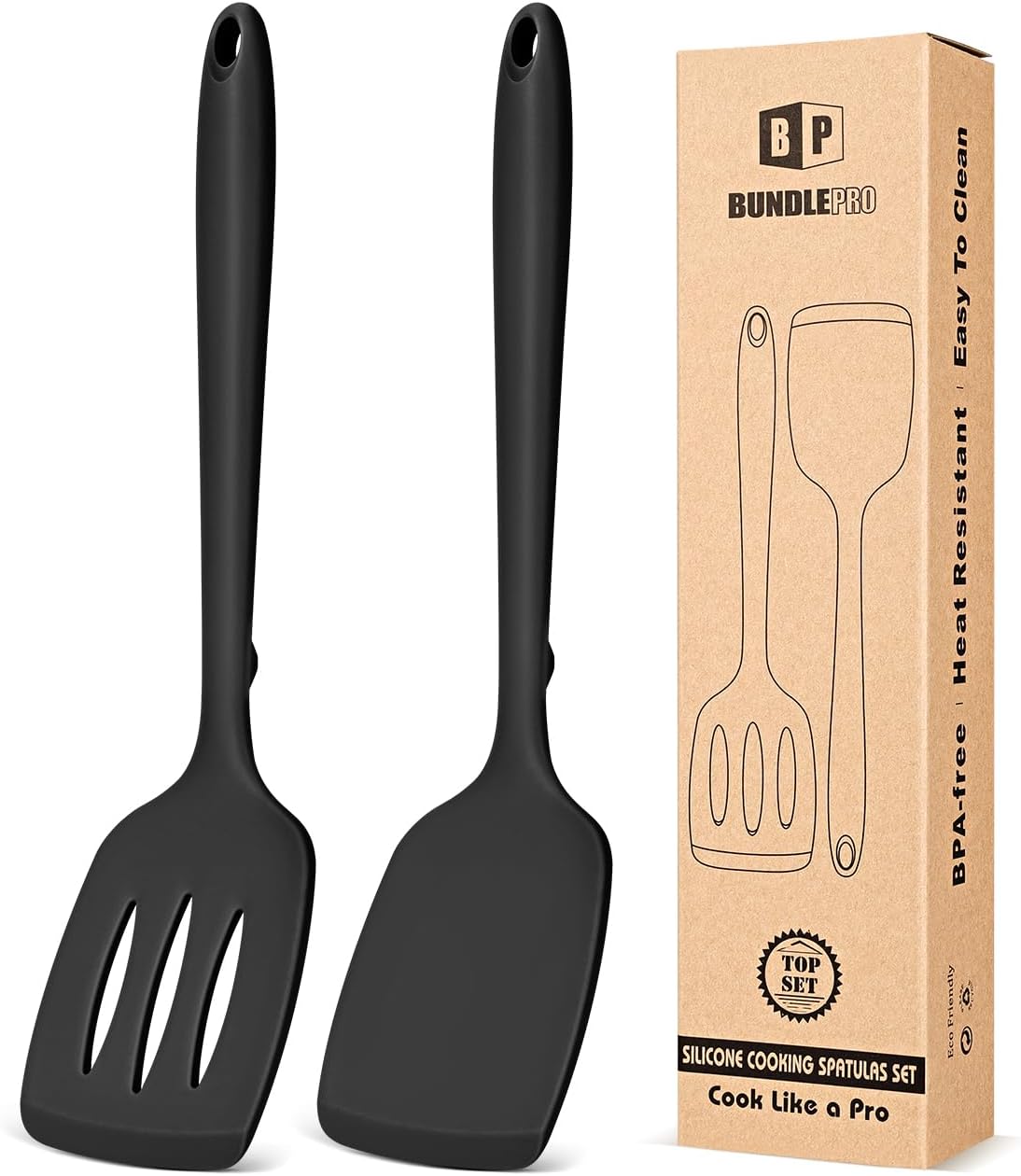 Silicone Spatula, Solid & Slotted Turner, One-Piece, 2 Pack,Khaki