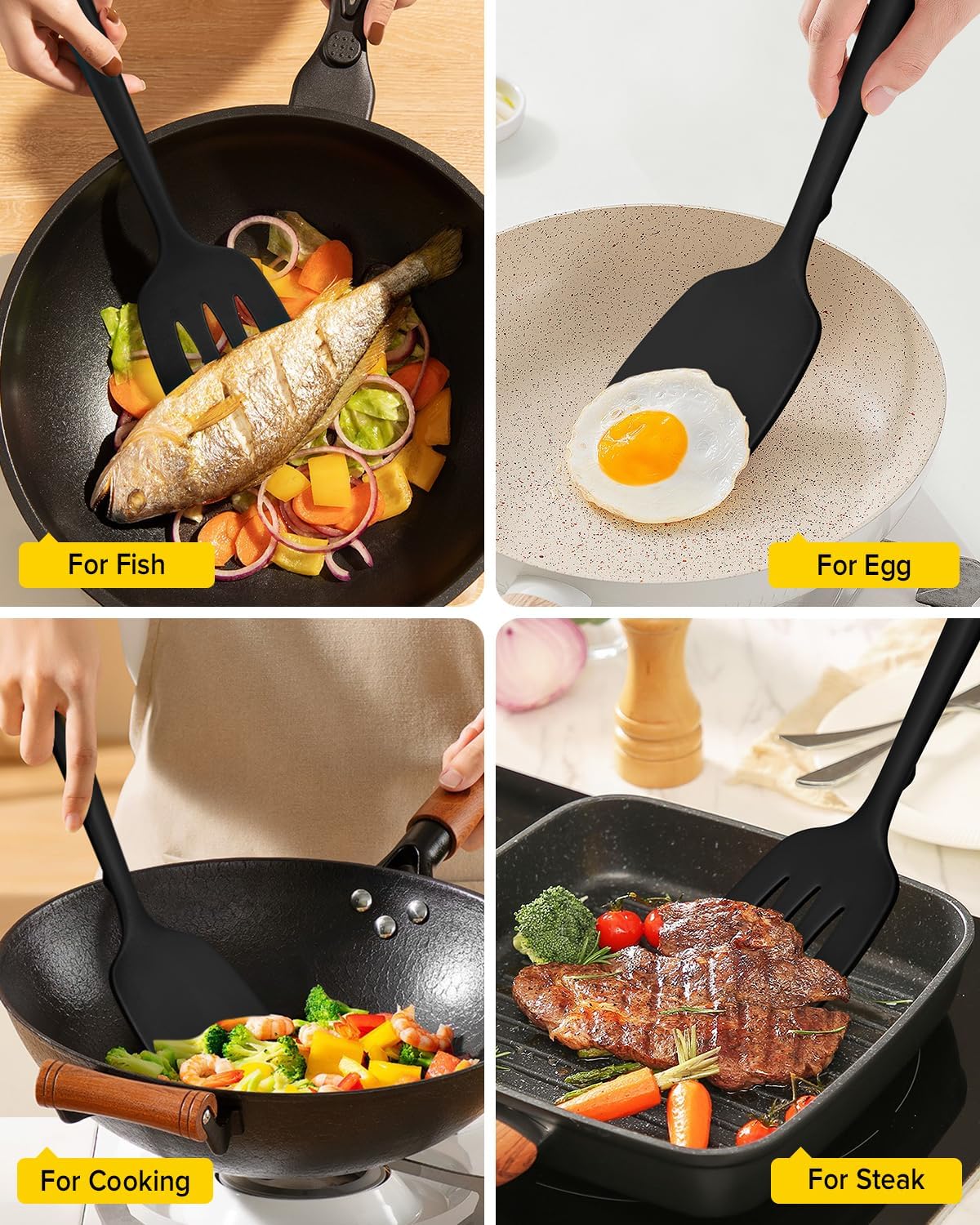 Silicone Spatula, Solid & Slotted Turner, One-Piece, 2 Pack,Khaki