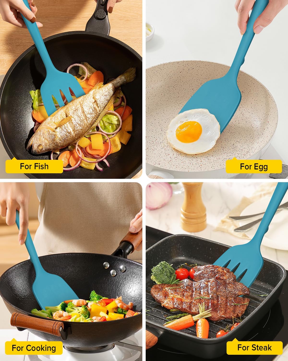 Silicone Spatula, Solid & Slotted Turner, One-Piece, 2 Pack,Khaki