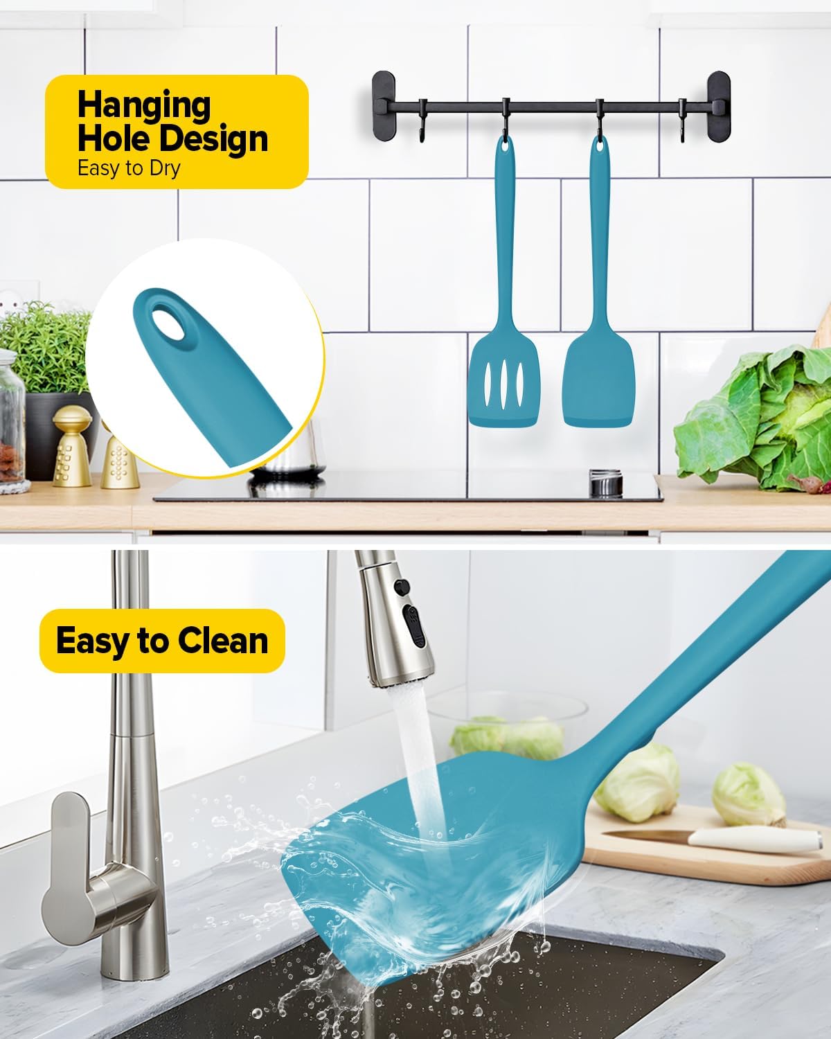 Silicone Spatula, Solid & Slotted Turner, One-Piece, 2 Pack,Khaki