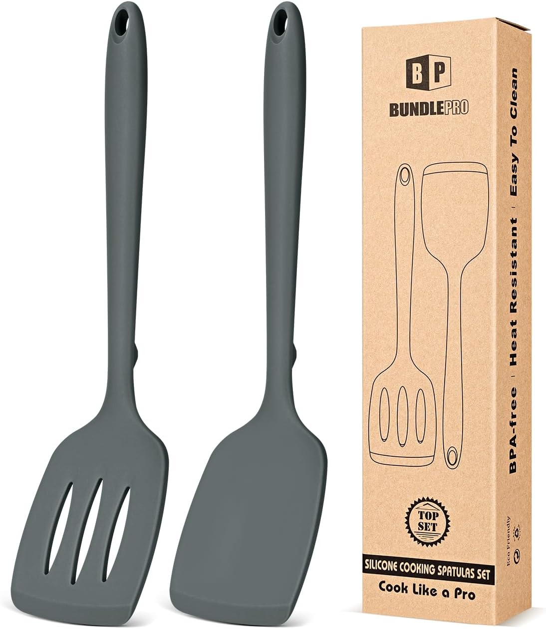 Silicone Spatula, Solid & Slotted Turner, One-Piece, 2 Pack,Khaki