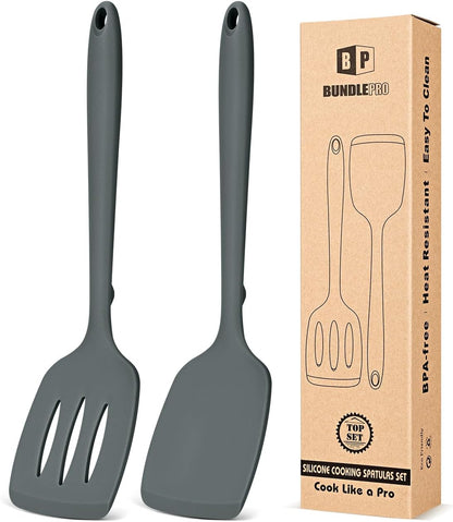 Silicone Spatula, Solid & Slotted Turner, One-Piece, 2 Pack,Khaki