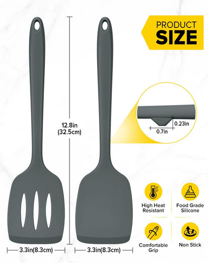 Silicone Spatula, Solid & Slotted Turner, One-Piece, 2 Pack,Khaki