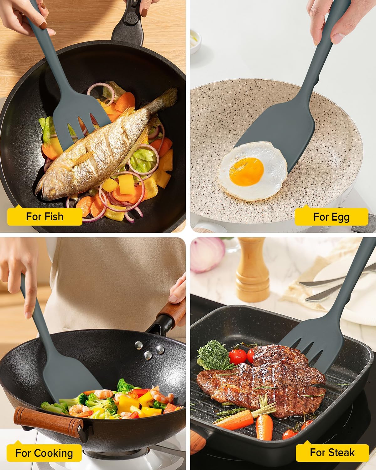 Silicone Spatula, Solid & Slotted Turner, One-Piece, 2 Pack,Khaki