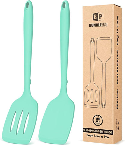 Silicone Spatula, Solid & Slotted Turner, One-Piece, 2 Pack,Khaki