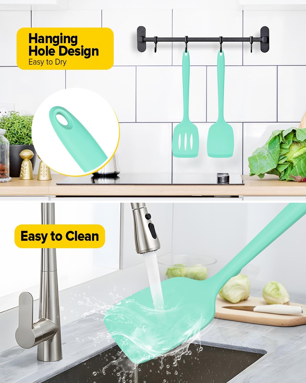 Silicone Spatula, Solid & Slotted Turner, One-Piece, 2 Pack,Khaki