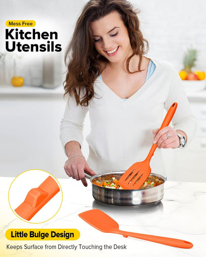 Silicone Spatula, Solid & Slotted Turner, One-Piece, 2 Pack,Khaki