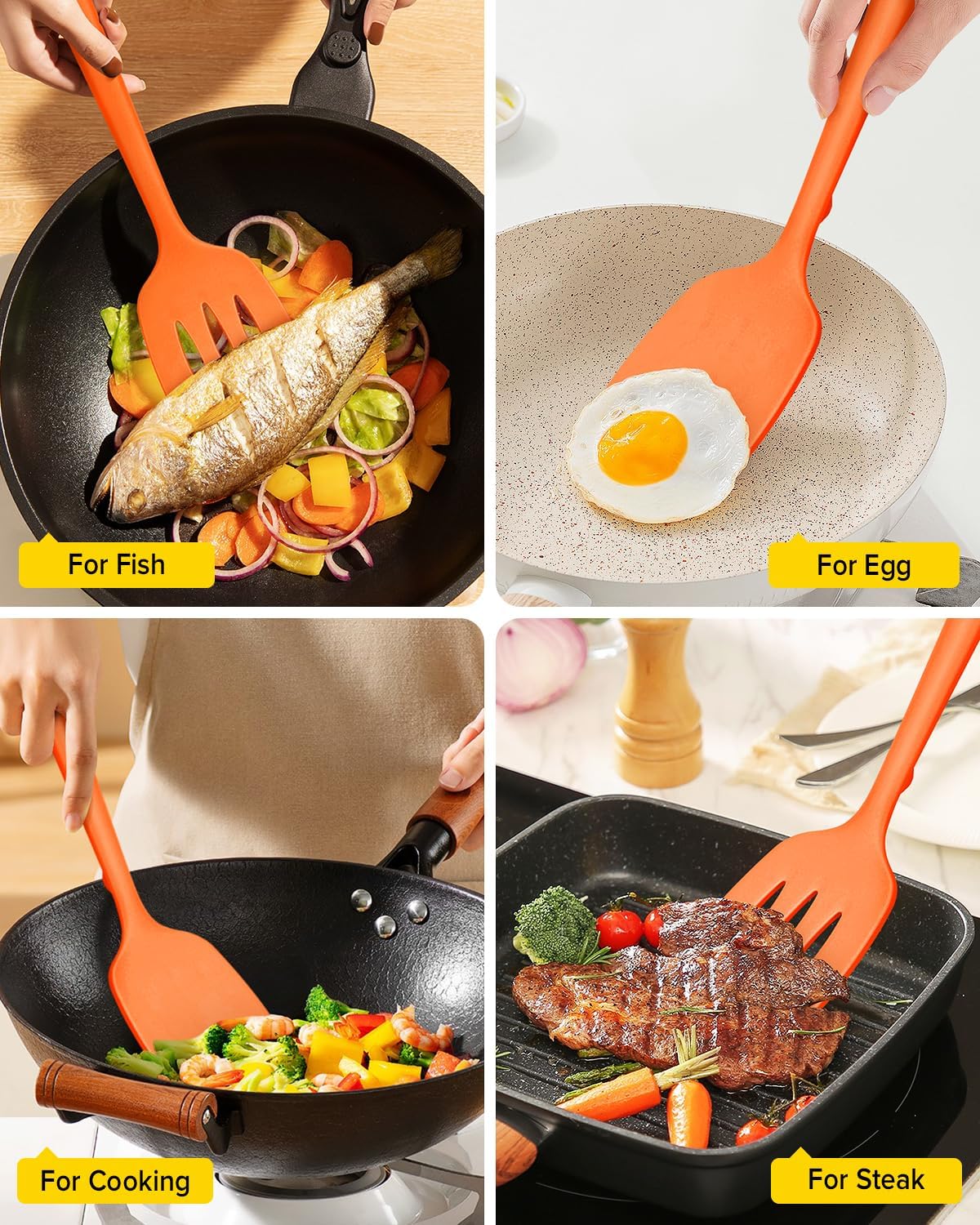 Silicone Spatula, Solid & Slotted Turner, One-Piece, 2 Pack,Khaki