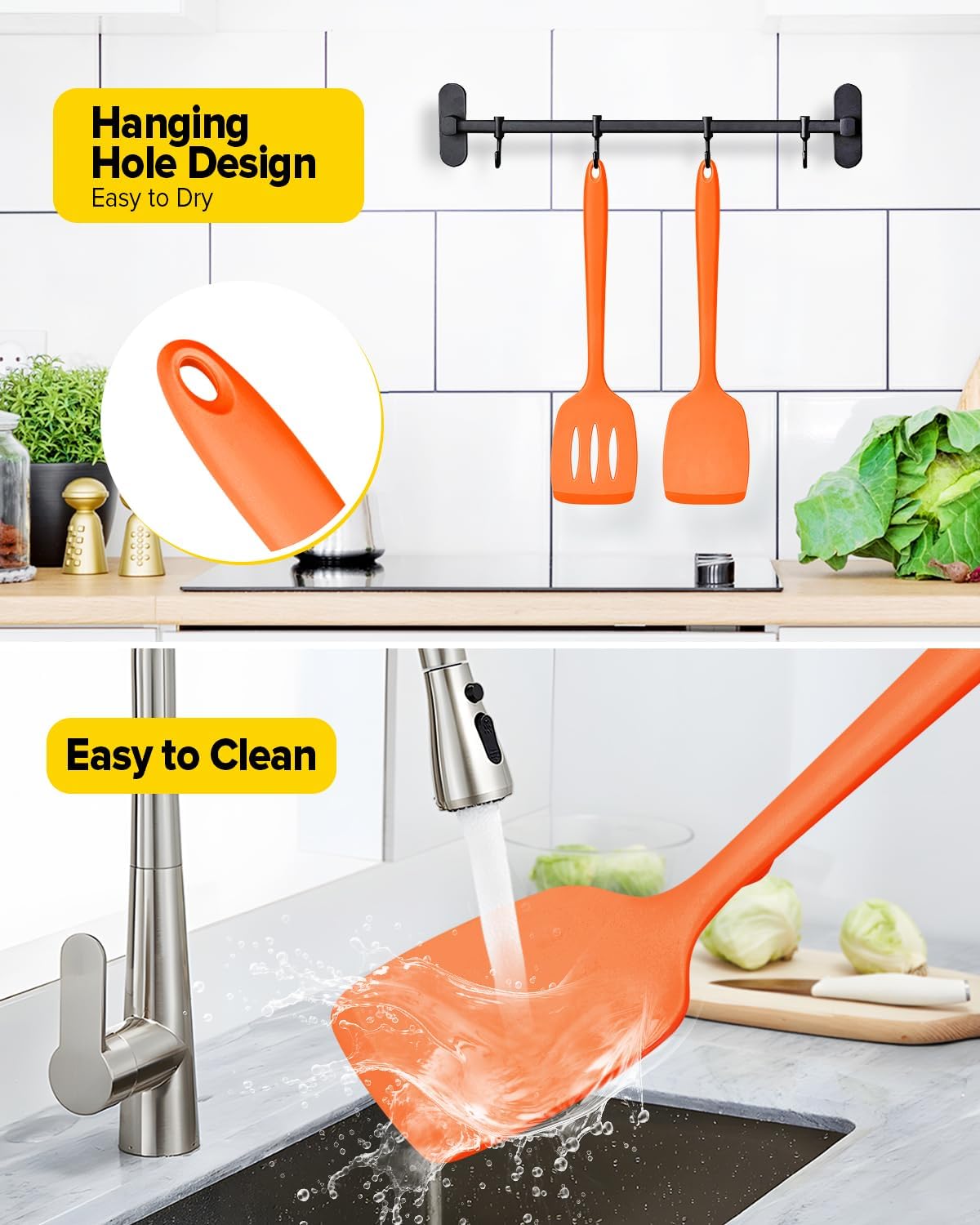 Silicone Spatula, Solid & Slotted Turner, One-Piece, 2 Pack,Khaki