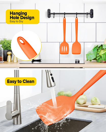 Silicone Spatula, Solid & Slotted Turner, One-Piece, 2 Pack,Khaki