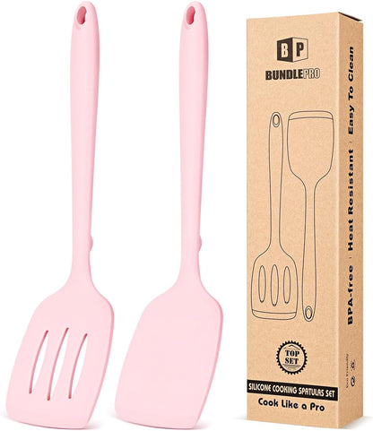 Silicone Spatula, Solid & Slotted Turner, One-Piece, 2 Pack,Khaki