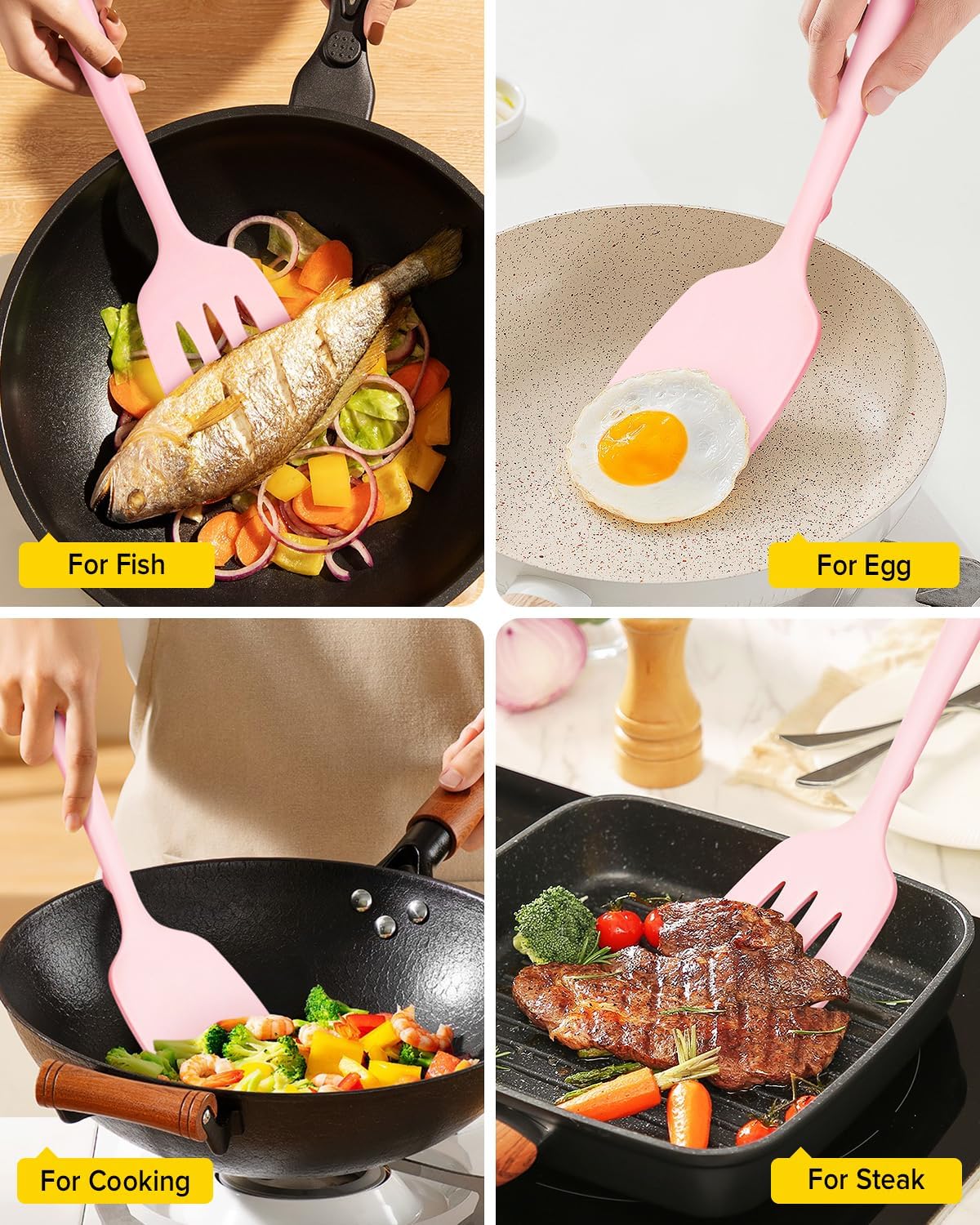 Silicone Spatula, Solid & Slotted Turner, One-Piece, 2 Pack,Khaki